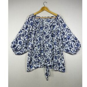 Coastal Boho Status by Chenault  1X Blue Floral Tie Front Balloon Sleeve Top